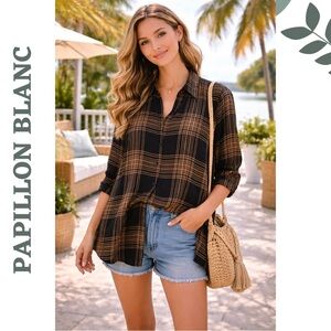 Papillon Plaid Flowy Button Front Blouse NWT